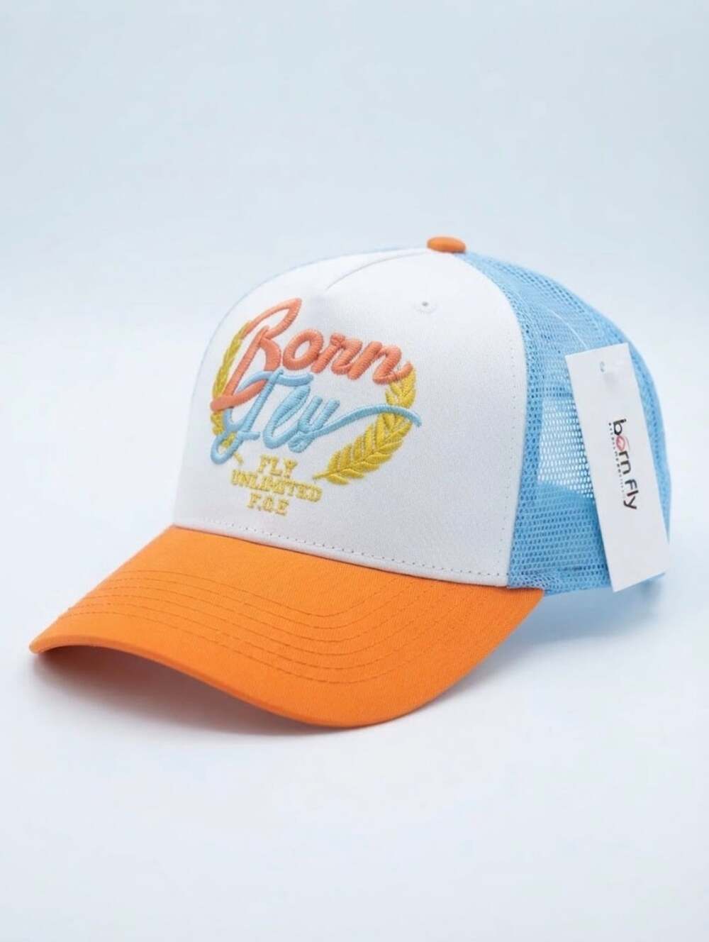Born Fly Trucker Hat Orange Blue White Embroidered Snapback